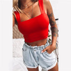 Top corto sin mangas con cuello cuadrado para mujer, camiseta básica informal negra blanca, camisola con hombros descubiertos, camiseta sin mangas Sexy con espalda descubierta