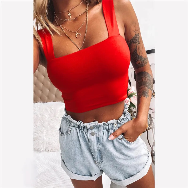 Top corto sin mangas con cuello cuadrado para mujer, camiseta básica informal negra blanca, camisola con hombros descubiertos, camiseta sin mangas Sexy con espalda descubierta