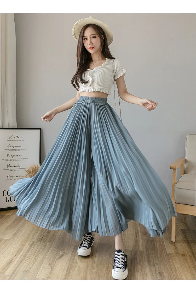 Pantalones De pierna ancha De cintura alta De gasa para Mujer, Pantalones sueltos plisados, moda coreana informal, ropa cómoda, elegante