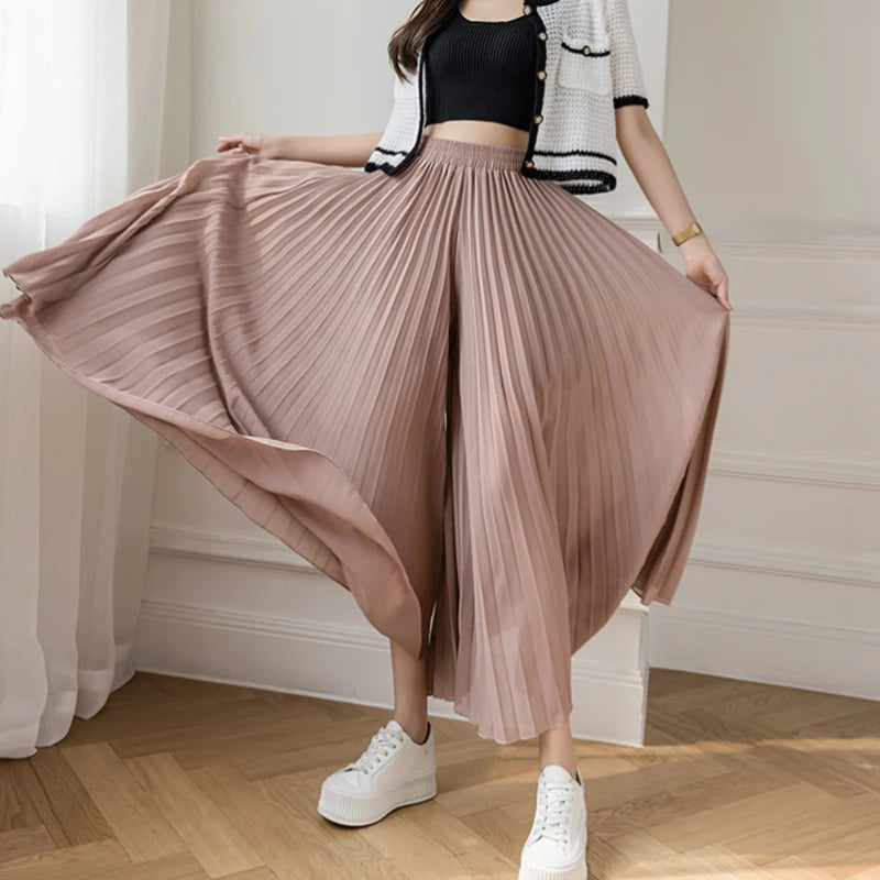 Pantalones De pierna ancha De cintura alta De gasa para Mujer, Pantalones sueltos plisados, moda coreana informal, ropa cómoda, elegante