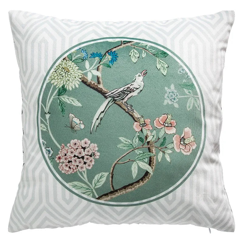Funda de cojín decorativa con diseño de pájaros y flores, cuadrada estándar, para sofá cama, estampado a una cara, 18x18 pulgadas, beige chino