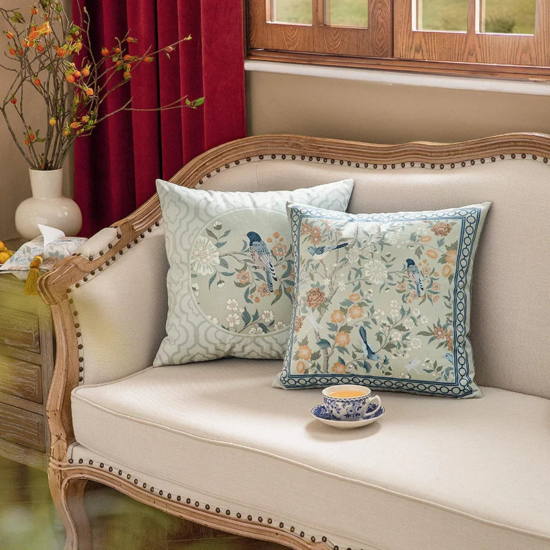 Funda de cojín decorativa con diseño de pájaros y flores, cuadrada estándar, para sofá cama, estampado a una cara, 18x18 pulgadas, beige chino