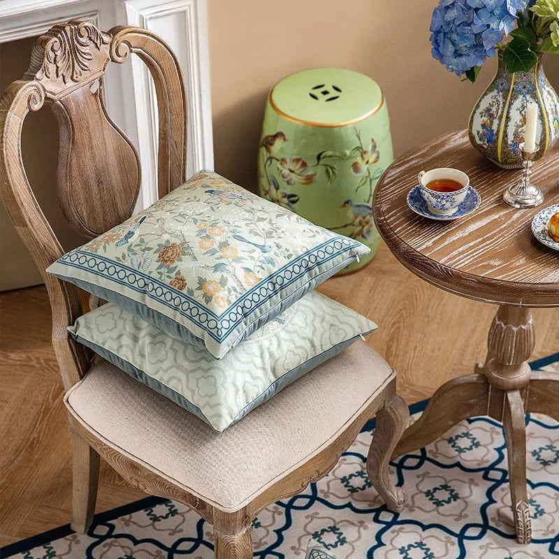 Funda de cojín decorativa con diseño de pájaros y flores, cuadrada estándar, para sofá cama, estampado a una cara, 18x18 pulgadas, beige chino