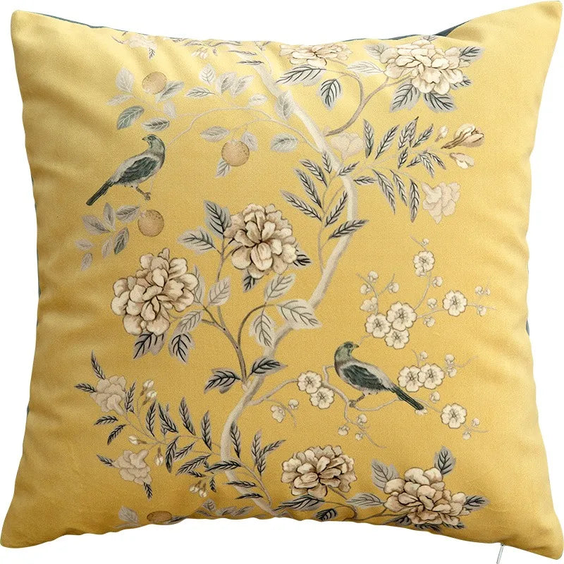 Funda de cojín decorativa con diseño de pájaros y flores, cuadrada estándar, para sofá cama, estampado a una cara, 18x18 pulgadas, beige chino