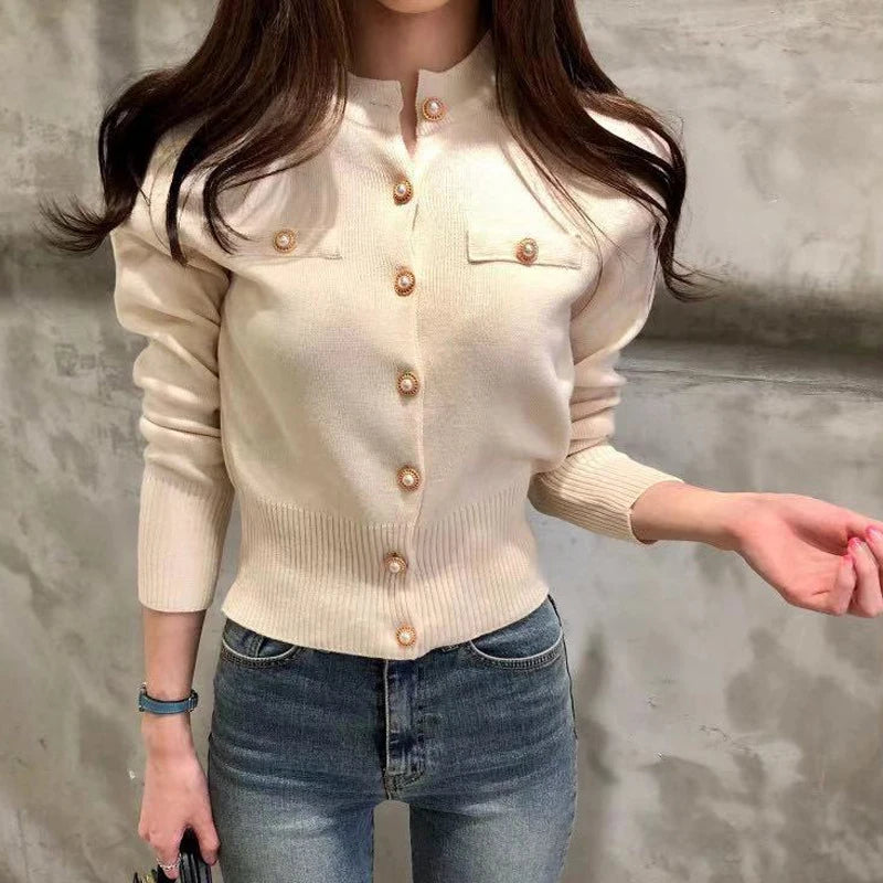 Otoño de manga larga de moda cárdigans para mujer suéter de punto abrigo corto Casual de un solo pecho coreano ajustado Chic señoras Tops 17375