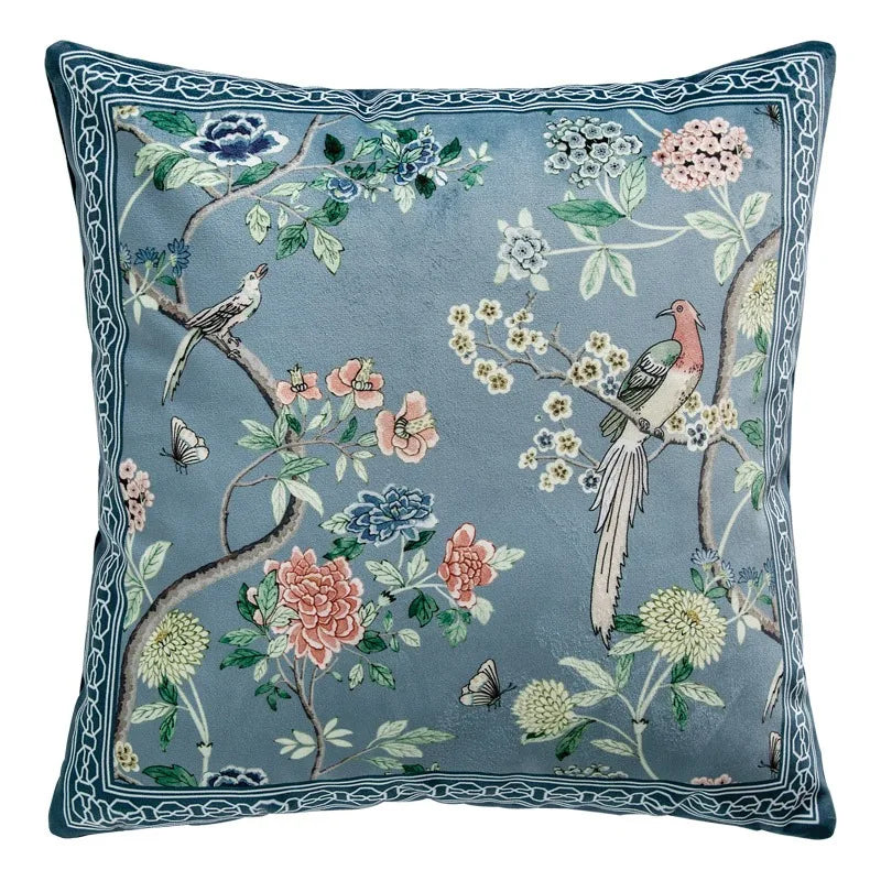 Funda de cojín decorativa con diseño de pájaros y flores, cuadrada estándar, para sofá cama, estampado a una cara, 18x18 pulgadas, beige chino