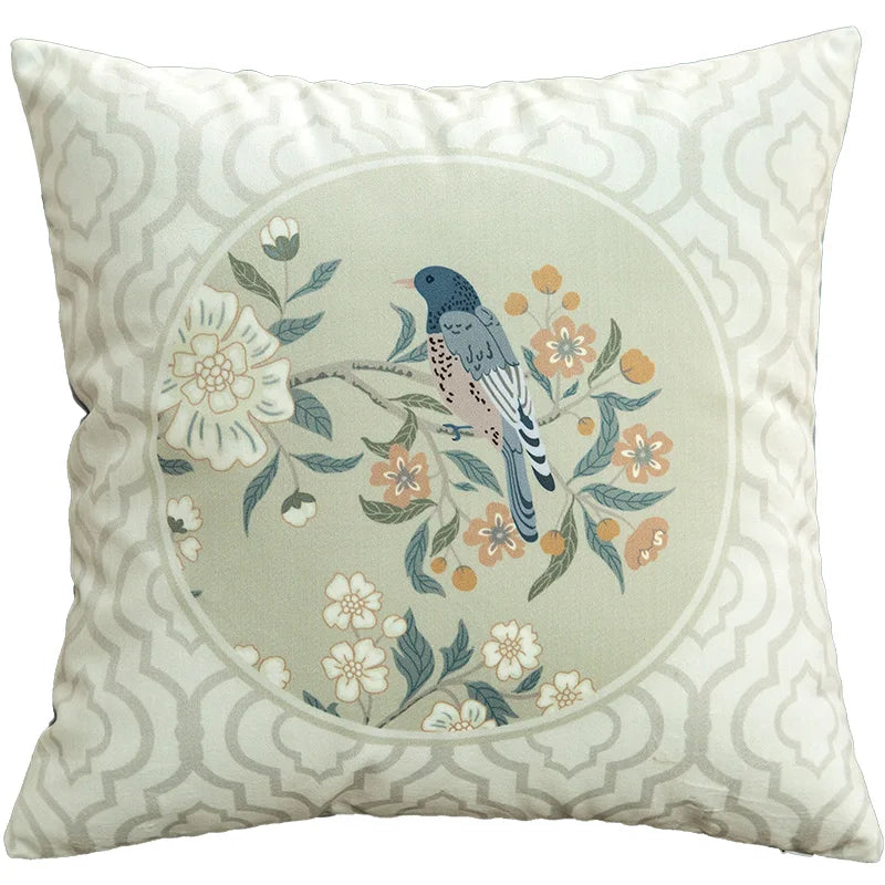 Funda de cojín decorativa con diseño de pájaros y flores, cuadrada estándar, para sofá cama, estampado a una cara, 18x18 pulgadas, beige chino