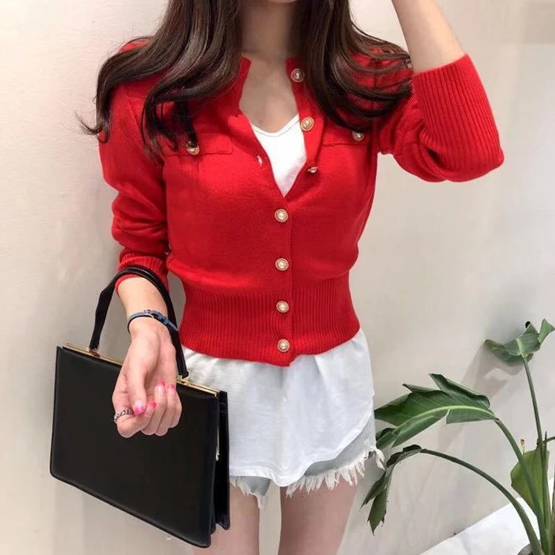 Otoño de manga larga de moda cárdigans para mujer suéter de punto abrigo corto Casual de un solo pecho coreano ajustado Chic señoras Tops 17375