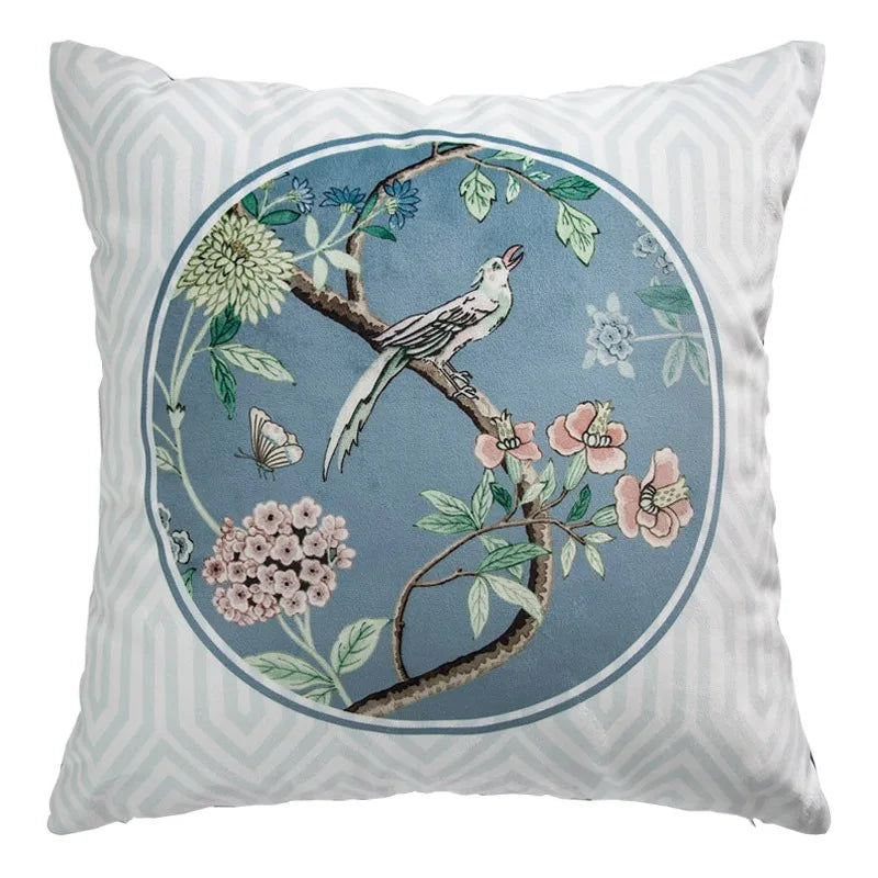 Funda de cojín decorativa con diseño de pájaros y flores, cuadrada estándar, para sofá cama, estampado a una cara, 18x18 pulgadas, beige chino