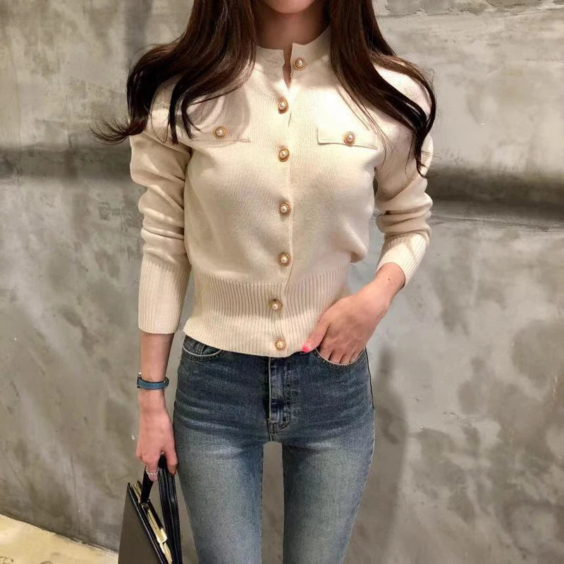 Otoño de manga larga de moda cárdigans para mujer suéter de punto abrigo corto Casual de un solo pecho coreano ajustado Chic señoras Tops 17375