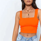 Top corto sin mangas con cuello cuadrado para mujer, camiseta básica informal negra blanca, camisola con hombros descubiertos, camiseta sin mangas Sexy con espalda descubierta