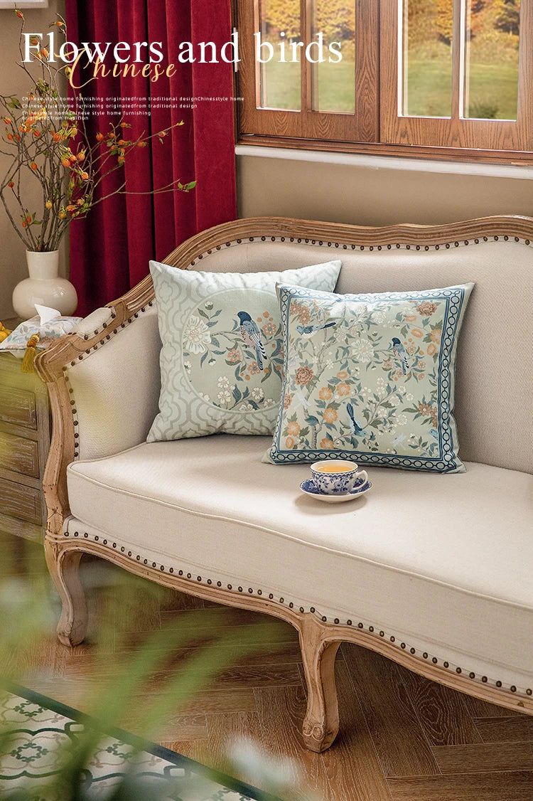 Funda de cojín decorativa con diseño de pájaros y flores, cuadrada estándar, para sofá cama, estampado a una cara, 18x18 pulgadas, beige chino