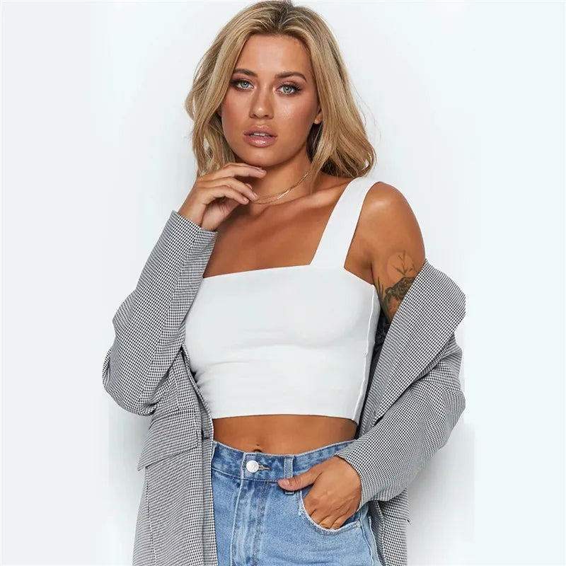 Top corto sin mangas con cuello cuadrado para mujer, camiseta básica informal negra blanca, camisola con hombros descubiertos, camiseta sin mangas Sexy con espalda descubierta