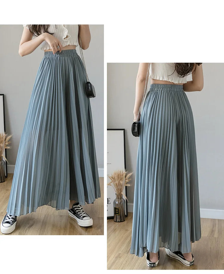 Pantalones De pierna ancha De cintura alta De gasa para Mujer, Pantalones sueltos plisados, moda coreana informal, ropa cómoda, elegante