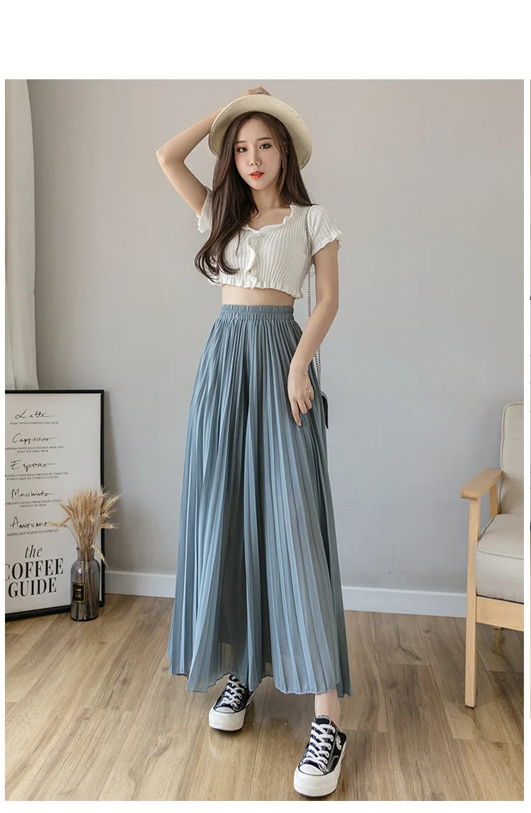 Pantalones De pierna ancha De cintura alta De gasa para Mujer, Pantalones sueltos plisados, moda coreana informal, ropa cómoda, elegante