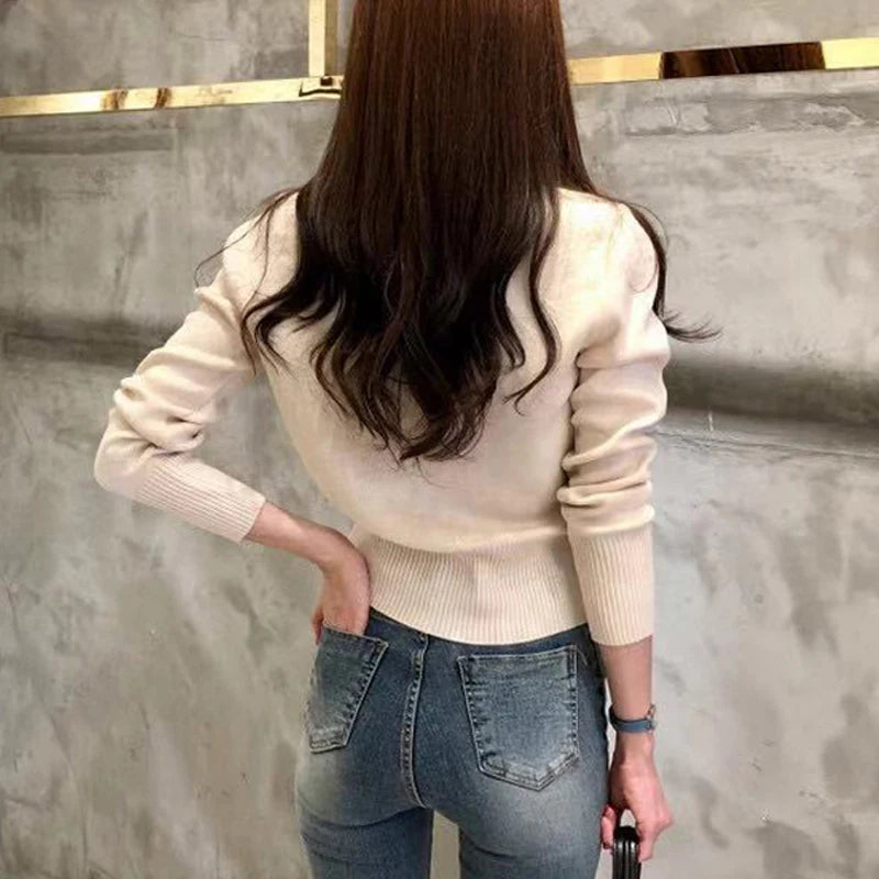 Otoño de manga larga de moda cárdigans para mujer suéter de punto abrigo corto Casual de un solo pecho coreano ajustado Chic señoras Tops 17375