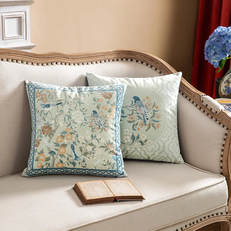 Funda de cojín decorativa con diseño de pájaros y flores, cuadrada estándar, para sofá cama, estampado a una cara, 18x18 pulgadas, beige chino