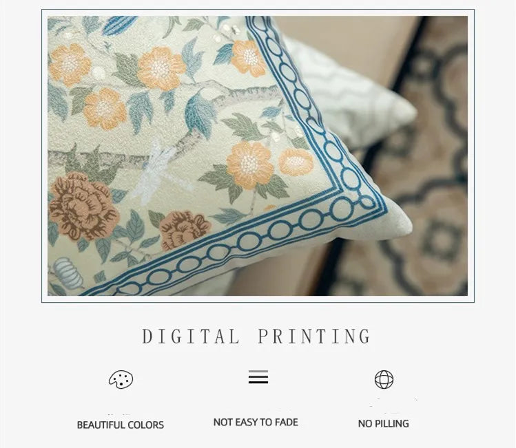 Funda de cojín decorativa con diseño de pájaros y flores, cuadrada estándar, para sofá cama, estampado a una cara, 18x18 pulgadas, beige chino