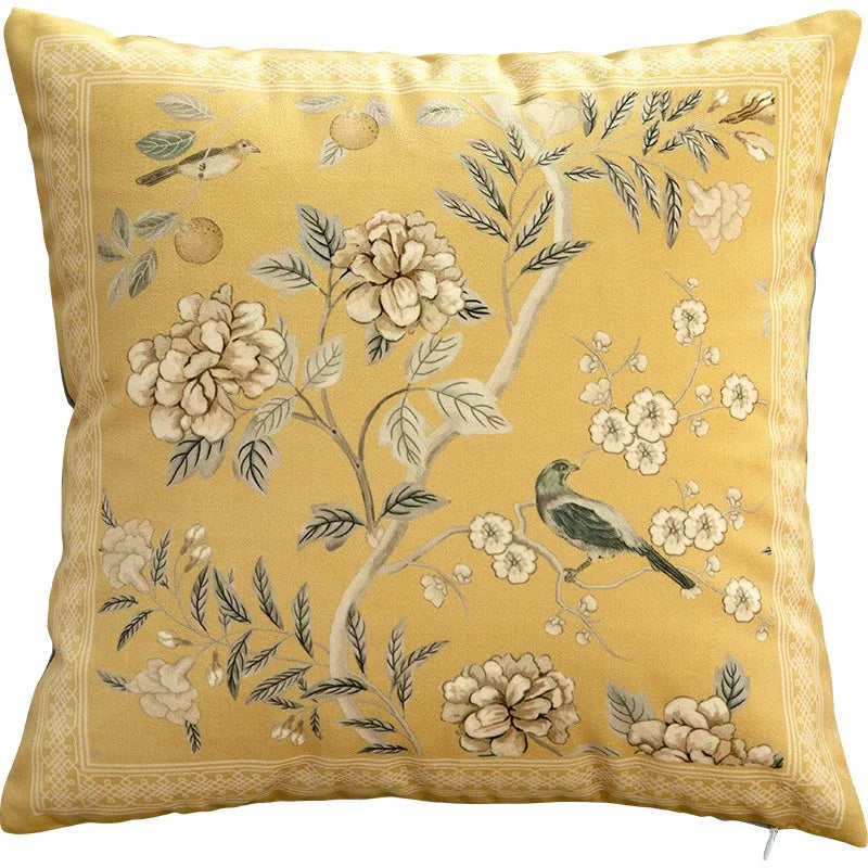 Funda de cojín decorativa con diseño de pájaros y flores, cuadrada estándar, para sofá cama, estampado a una cara, 18x18 pulgadas, beige chino