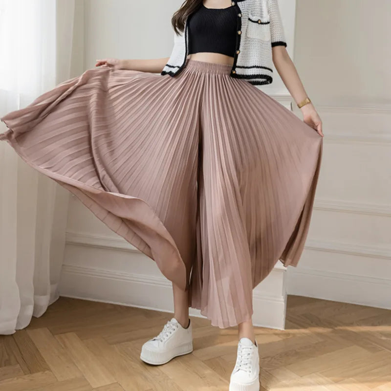 Pantalones De pierna ancha De cintura alta De gasa para Mujer, Pantalones sueltos plisados, moda coreana informal, ropa cómoda, elegante