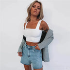 Top corto sin mangas con cuello cuadrado para mujer, camiseta básica informal negra blanca, camisola con hombros descubiertos, camiseta sin mangas Sexy con espalda descubierta