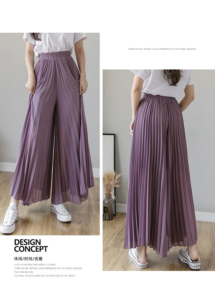 Pantalones De pierna ancha De cintura alta De gasa para Mujer, Pantalones sueltos plisados, moda coreana informal, ropa cómoda, elegante