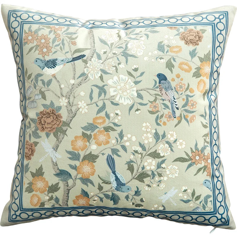 Funda de cojín decorativa con diseño de pájaros y flores, cuadrada estándar, para sofá cama, estampado a una cara, 18x18 pulgadas, beige chino