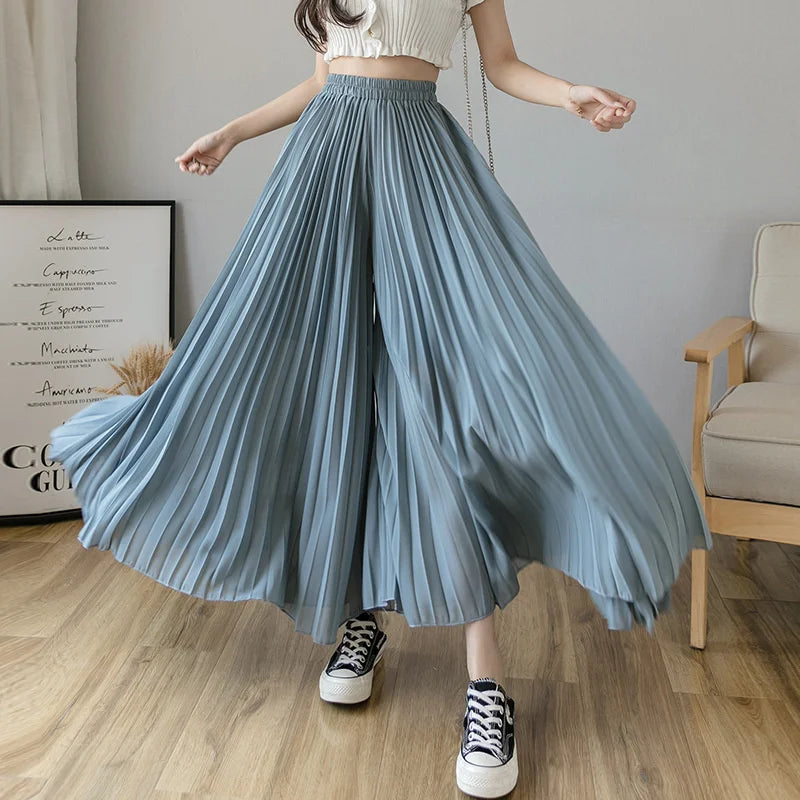 Pantalones De pierna ancha De cintura alta De gasa para Mujer, Pantalones sueltos plisados, moda coreana informal, ropa cómoda, elegante