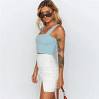 Top corto sin mangas con cuello cuadrado para mujer, camiseta básica informal negra blanca, camisola con hombros descubiertos, camiseta sin mangas Sexy con espalda descubierta