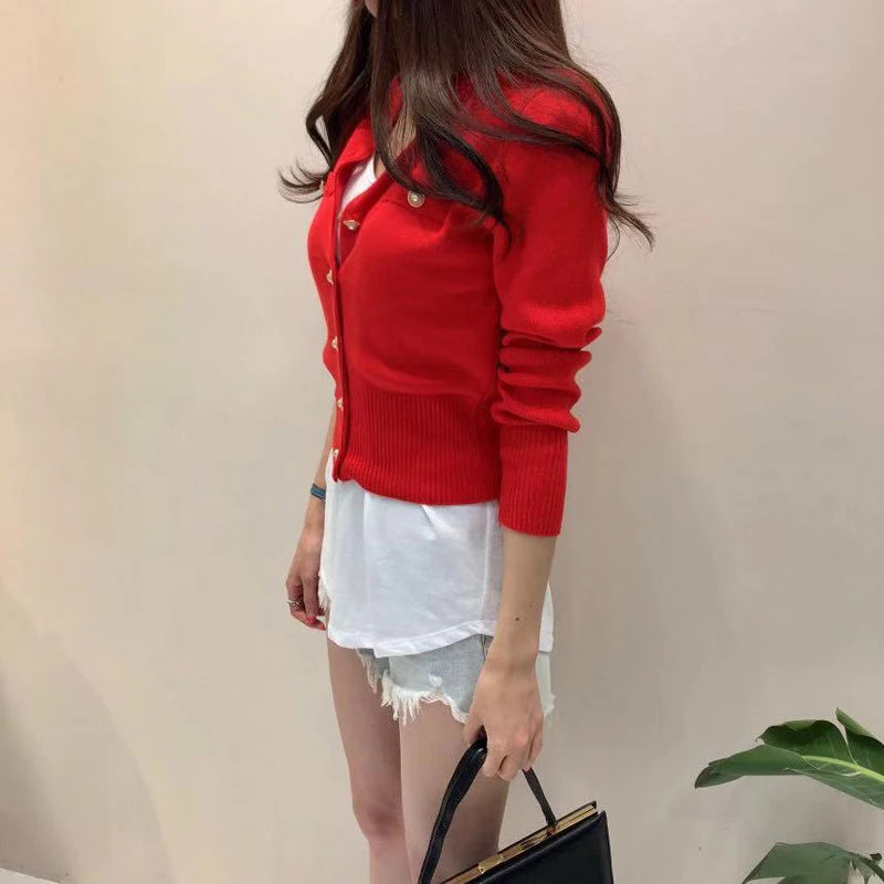 Otoño de manga larga de moda cárdigans para mujer suéter de punto abrigo corto Casual de un solo pecho coreano ajustado Chic señoras Tops 17375