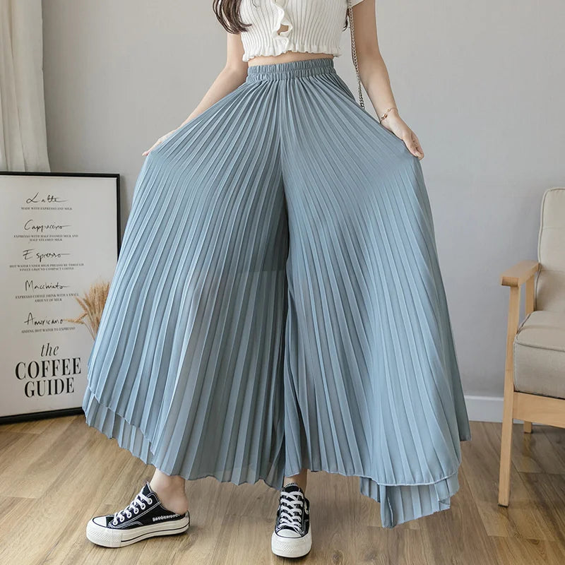 Pantalones De pierna ancha De cintura alta De gasa para Mujer, Pantalones sueltos plisados, moda coreana informal, ropa cómoda, elegante