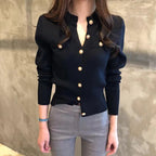 Otoño de manga larga de moda cárdigans para mujer suéter de punto abrigo corto Casual de un solo pecho coreano ajustado Chic señoras Tops 17375