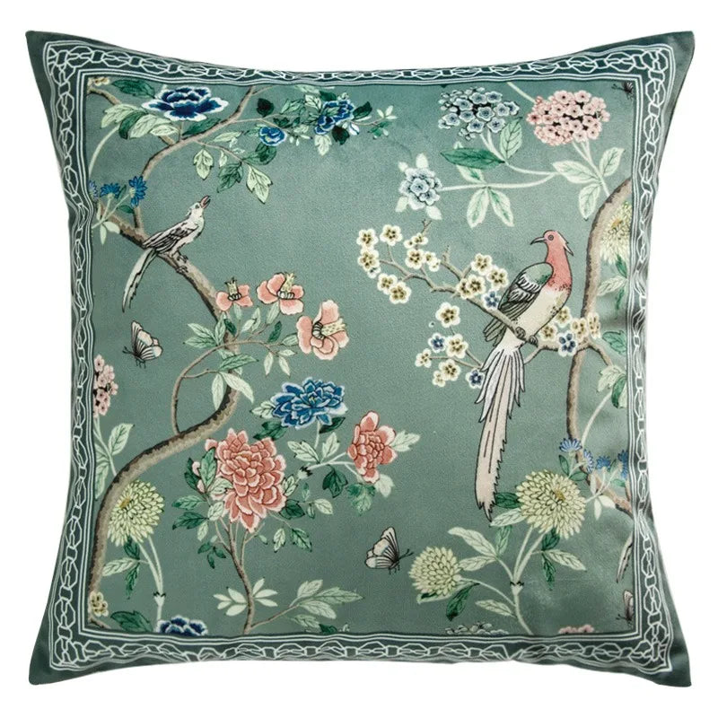 Funda de cojín decorativa con diseño de pájaros y flores, cuadrada estándar, para sofá cama, estampado a una cara, 18x18 pulgadas, beige chino