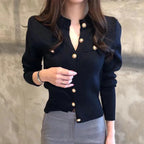 Otoño de manga larga de moda cárdigans para mujer suéter de punto abrigo corto Casual de un solo pecho coreano ajustado Chic señoras Tops 17375