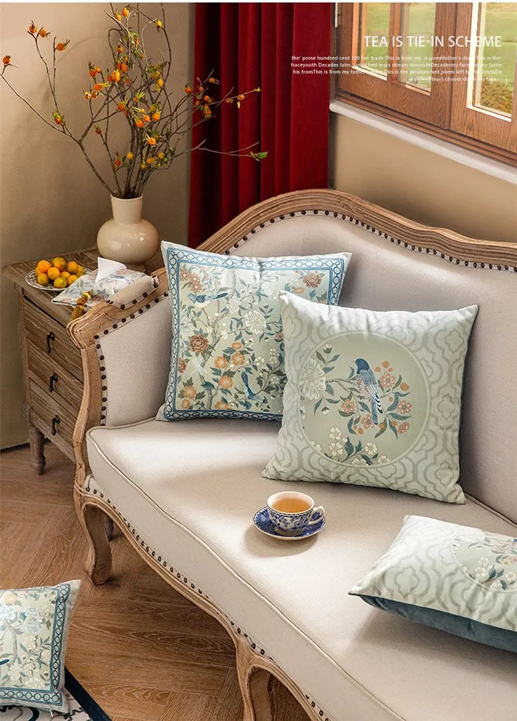 Funda de cojín decorativa con diseño de pájaros y flores, cuadrada estándar, para sofá cama, estampado a una cara, 18x18 pulgadas, beige chino