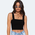 Top corto sin mangas con cuello cuadrado para mujer, camiseta básica informal negra blanca, camisola con hombros descubiertos, camiseta sin mangas Sexy con espalda descubierta