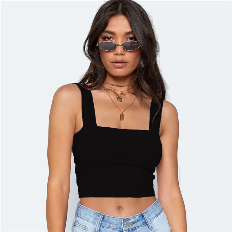 Top corto sin mangas con cuello cuadrado para mujer, camiseta básica informal negra blanca, camisola con hombros descubiertos, camiseta sin mangas Sexy con espalda descubierta