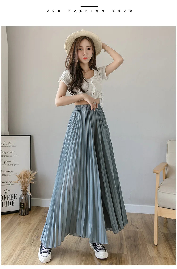 Pantalones De pierna ancha De cintura alta De gasa para Mujer, Pantalones sueltos plisados, moda coreana informal, ropa cómoda, elegante