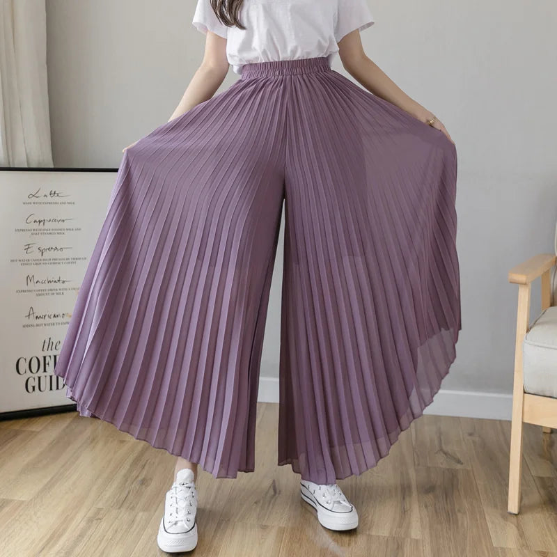 Pantalones De pierna ancha De cintura alta De gasa para Mujer, Pantalones sueltos plisados, moda coreana informal, ropa cómoda, elegante