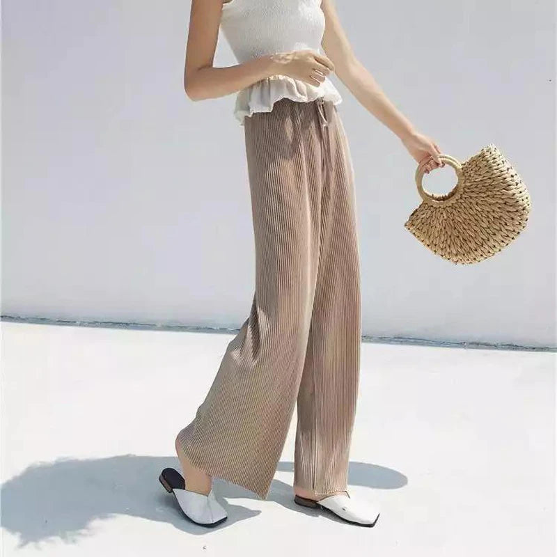 Pantalones de pierna ancha para mujer, pantalón plisado de seda de hielo, cintura elástica, holgado, informal, moda de verano