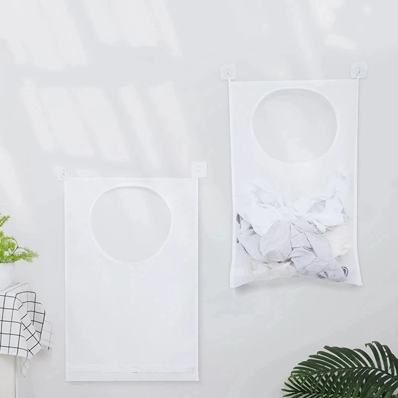 Bolsa de almacenamiento de ropa sucia, cesta con marco, cubo de malla plegable para lavandería, baño, colgante de pared, organizador de ropa para el hogar con gancho