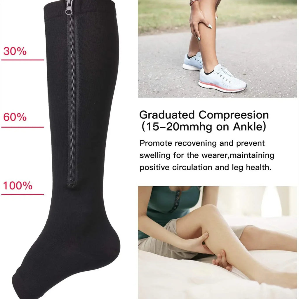 Calcetines deportivos médicos de compresión con cremallera, calcetines elásticos de venas para mujeres y hombres, calcetines largos de presión de alta elasticidad para ciclismo, soporte para piernas