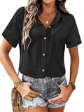Novedad de verano para mujer, camisas informales, Tops, blusas de manga corta lisas con botones sueltos para mujer, blusa blanca de oficina con solapa a la moda para mujer