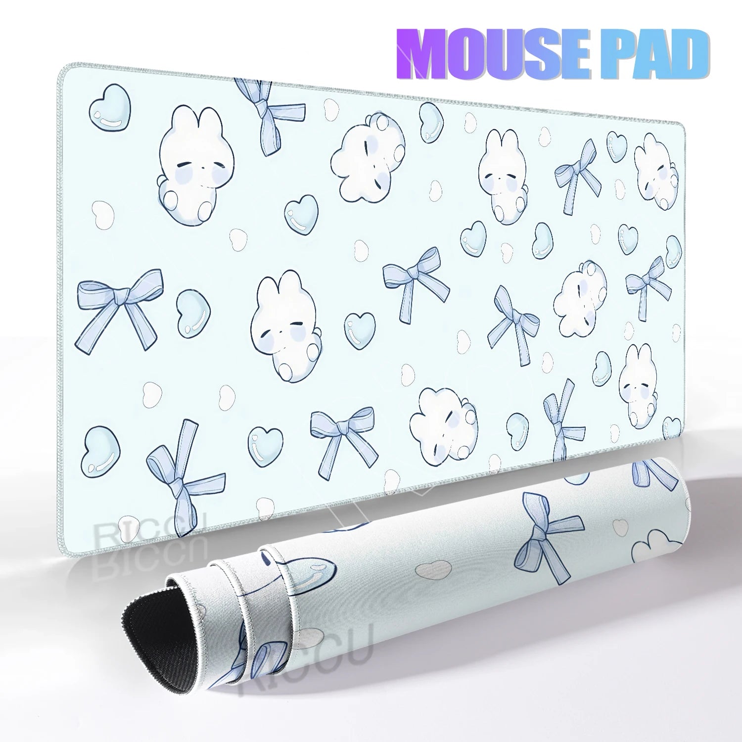 Alfombrilla de Ratón Grande Creativa con Diseño de Conejito con Lazo Azul, Alfombrilla de Escritorio para Oficina, Decoración para PC, Regalo Kawaii para Chicas, Alfombrilla Antideslizante para Computadora