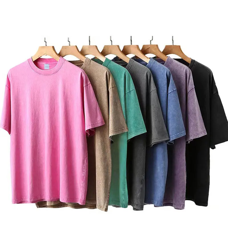 Camisetas Vintage de Color sólido con punto de copo de nieve para hombres/mujeres, camisetas de algodón de manga corta con agua antigua, ropa de Hip Hop