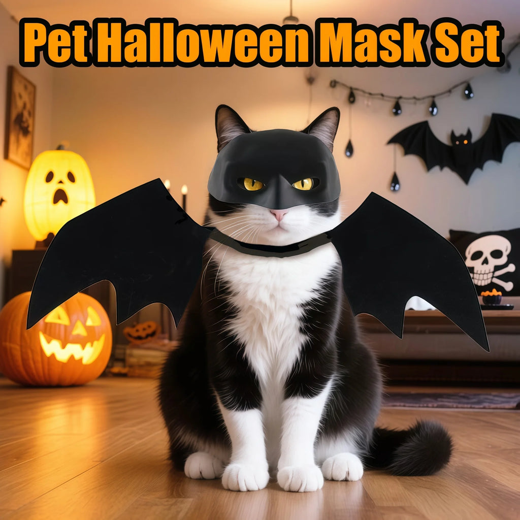 Conjunto de disfraz de murciélago negro para mascotas de Halloween con ala de máscara para gatos, perros, Cosplay creativo, suministros para fiesta de Halloween para mascotas