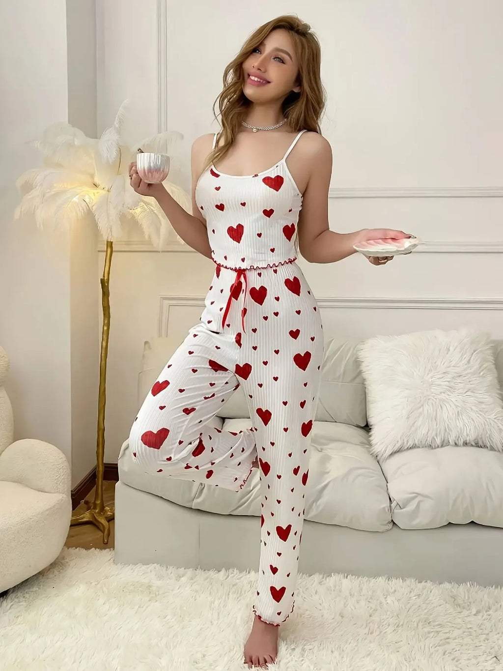 Regalo del Día de San Valentín Estampado de Corazones Sin Mangas Cami Tops con Pantalones Largos Conjunto de Pijamas de 2 Piezas para Mujer Ropa de Dormir Loungewear