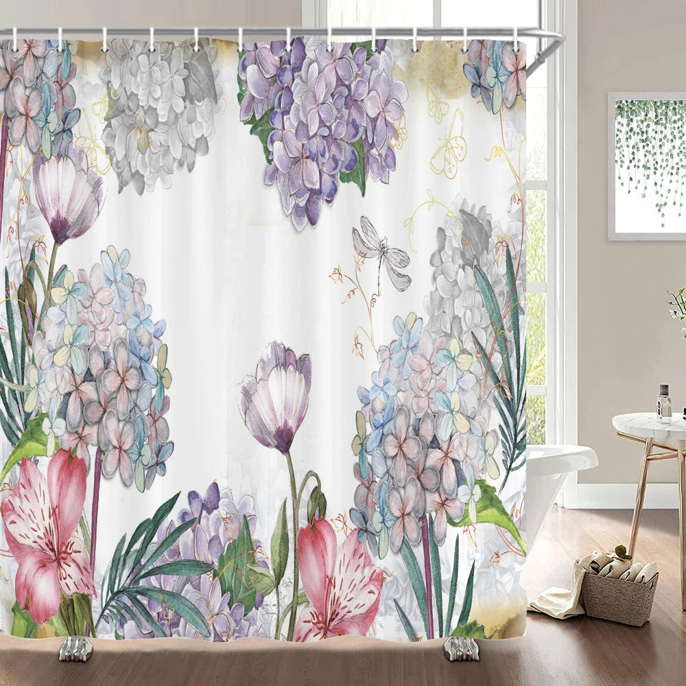 Cortinas de baño de flores, pájaros y plantas europeas, cortina de ducha impermeable, decoración de baño con impresión 3D con gancho, pantalla de baño