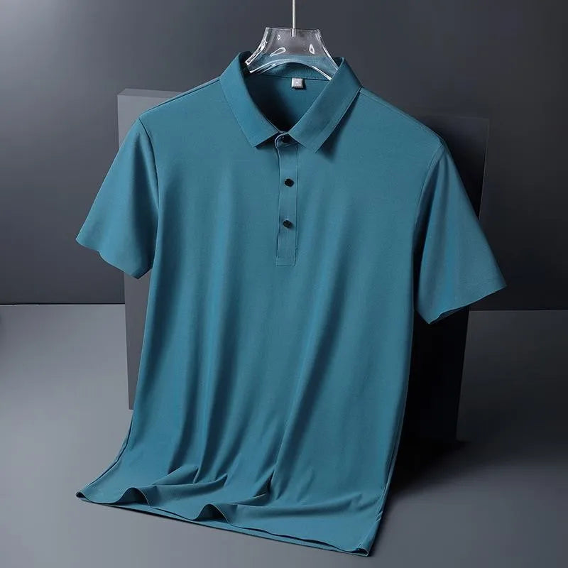 Polo de seda de hielo para hombre, camiseta de manga corta, elástica, sin hierro, fina, ligera, de lujo