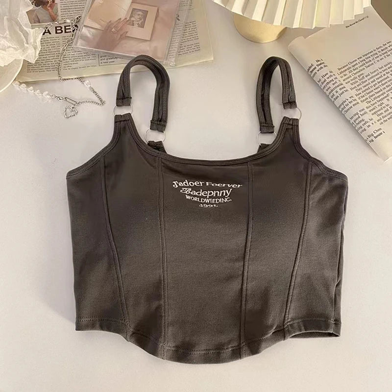 Top corto Y2K para mujer, camiseta sin mangas ajustada con dobladillo, informal, Sexy, ropa de calle blanca, camisetas sin mangas con letras y almohadilla，top mujer tops for women 2023，women's tops tees top y2k